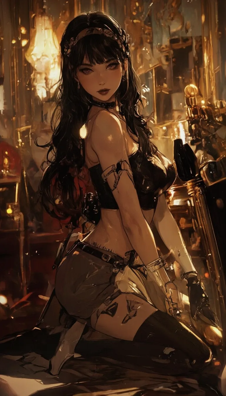 Anime style. 1boy, Serena, SerenaRH, very long straight black hair, brown eyes, gorgeous lips, dark lips, medium perky breasts, perfect body, large hips, fit body, thick thighs, 1g0r, Dutch angle, earrings, elegant, makeup, fancy party room, indoor, golden details, dramatic light, face closeup, parted lips, makeup, abs, solo, parted lips, shiny skin, sweat, brown hair, toned, brown eyes, big breasts, braid, muscular male, black hair, long hair, looking at viewer, indoors, easynegative, FMAB_Envy, 1boy, solo, long hair, black hair, purple eyes, slit pupils, headband, crop top, bare shoulders, midriff, gloves, fingerless gloves, skirt, side slit, bike shorts under skirt, bike shorts, toeless legwear, leg tattoo, 1femboy, on knees