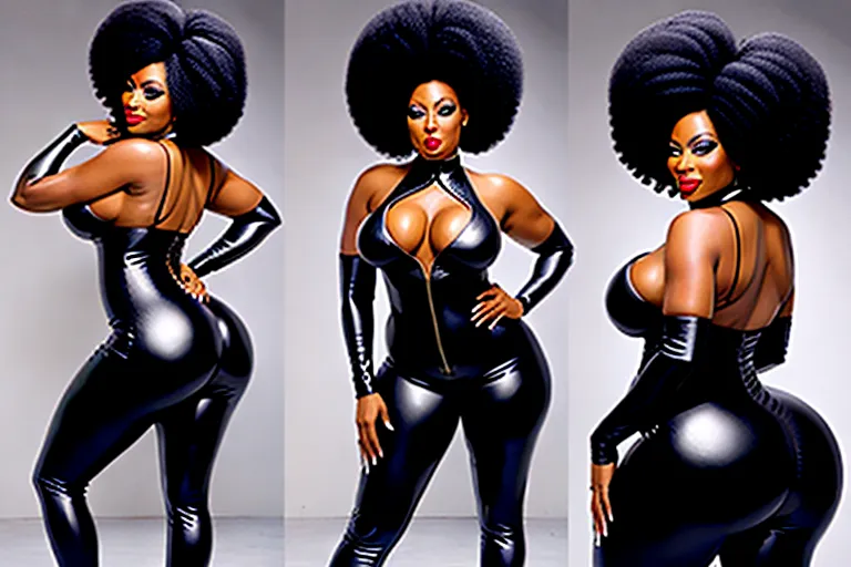 black dominatrix with an afro and big buttocks wearing a catsuit and feather boa, front and rear view