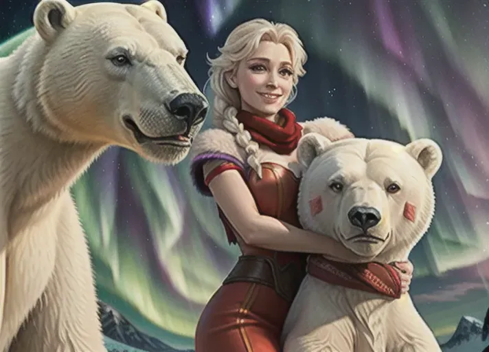 Beautiful sexy smiling Elsa of Arendelle as a supermodel hugging a big Coca-Cola polar bear which is wearing a red scarf against the backdrop of the nothern lights. photorealistic. Medium shot. low angle.