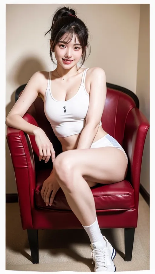 (best quality:2.0), (masterpiece:1.4), high resolution, (photo realistic:1.9), Korean sexy super model, perfect face propotion, nsfw, (thick sports shoes:1.2), navyblue sports wear, knee socks, thick eyebrow, (moon face:1.2), long neck, small lips, large hair band, full bangs, pony tail, large sparkring brown eyes, double eyelids, cheek blush, round cheek, sexy posture, muscular long legs, cleavage, luxury chair, (shiny sweaty ultra pale skin:1.5), big coy smile, beautiful constriction, broad forehead, ultra detailed fabric, detailed skin, dropping eyes, soft dim hotel room,