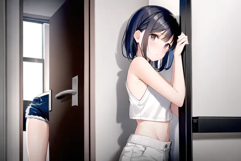 A art of girl knocks on the door and asks to enter the apartment from the street where the snow is falling, wearing small domestic shorts and tank top, naked slim waist, short wet hair, she frozen,hugged herself, shy, confused, night, the view from the door peephole