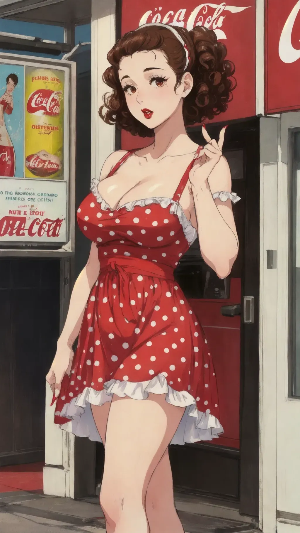 nsfw, (masterpiece), smooth, soft lines, soft edges, perfect edges, ultra realistic, perfect anatomy, (soft lighting), (soft white glow), absurdres, perfect edges, (soft lighting), (soft white glow),
beautiful Japanese woman with brown hair, (curly perm hair), hair with great details, deep brown eyes, deep eyes, long lashes, pale black eyeshadow, perfect eyes,
((surprised)), red lips, red fingernails,
polka dot dress,
(large breasts),
outside a 1950s movie theatre, next to a Coca Cola machine, 50s pinup, pinup,
