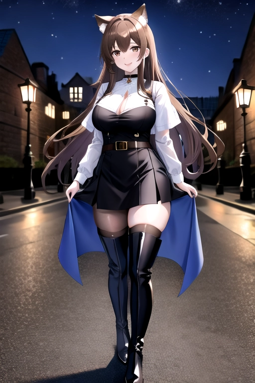 8k quality, brown eyes, pale white skin, brown hair, giant breasts, cleavage, looking at viewer, pov, long hair, wavy hair, full body photo, smiling, black miniskirt, tights, blue dress, blue top, black cloak, thigh high boots, black choker, wolf ears, thick black belt, standing in castle courtyard at night