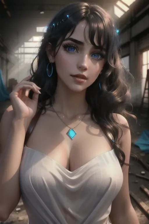 a digital art of,young woman,naked,dancing,in an abandoned warehouse,five fingers per hand,wavy curtain bang,beautiful face,beautiful lips,blue eyes,curved eyebrows,smooth skin,erotic,wearing necklace,smooth,bokeh,pixiv,8k,surreal