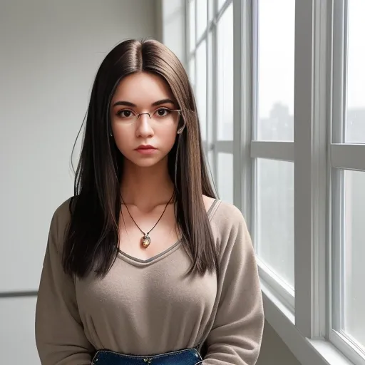 A young adult woman, likely in her late teens or early twenties, of medium build and average height, is shown in the image.
1. Personal Appearance
Her facial features include a medium-length nose, full lips, and a slightly oval-shaped face. Her eyes are dark brown, and her eyebrows are well-defined and dark brown. Her hair is shoulder-length, dark brown, and straight. Her skin tone is light. She has no visible distinctive features or marks. Her overall body type appears average and proportionate.
2. Clothing and Accessories
She is wearing a red, long-sleeved top. The material appears to be a soft, possibly fleece or similar fabric. The top appears to have a simple design. She's wearing a thin, silver-colored necklace.
3. Expression and Posture
Her facial expression is neutral; she appears neither happy nor sad. Her body posture is relaxed and slightly angled towards the camera. There are no apparent gestures or interactions with others.
4. Overall Appearance
Her style appears casual. Notably, her makeup is subtly applied, giving a natural appearance. Based on her attire, her possible social role is difficult to determine without more context. She wears big round glasses.
6. Pose
She is standing, in front of a window