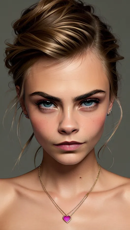 color photograph,Cara Delevingne,natural breasts,five slender fingers,charming face,beautiful lips,curved eyebrows,textured skin,erotic,wearing necklace,surreal,cgsociety,highly detailed,