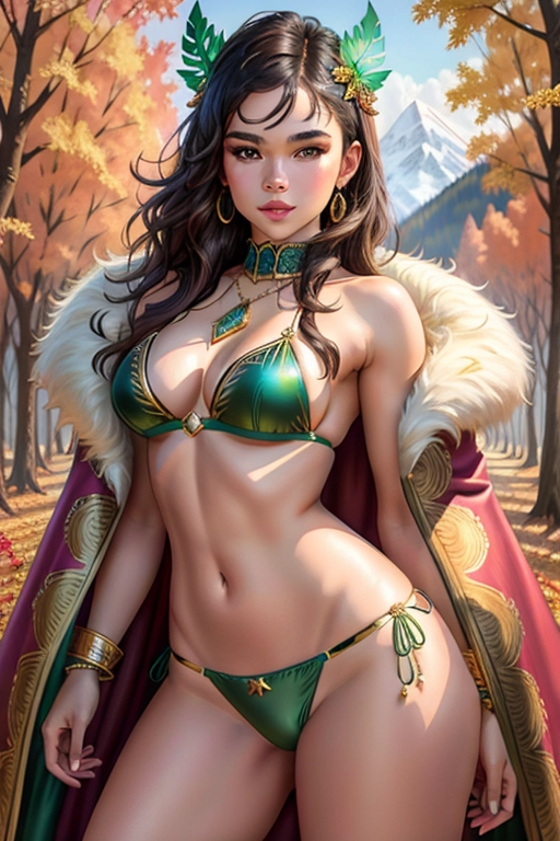 Colour painting of a young Hailee Steinfeld, very detailed and jewelled green bikini,((bare thighs)), fur cloak over her shoulders, smooth skin, sexy butt, fine beautiful body, ((autumn landscape)),(detailed skin features),(detailed face features), beautiful face, (detailed body features), beautiful eyes,