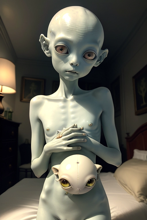 naked 18-year-old very slender young beautiful tiny gentle tree-frog alien Aria Haze in a dark ambient antique bedroom. Guillermo Del Toro film Pans Labyrinth style. she has smooth fair alabaster ivory skin, a huge bulbous bald alien head and a tiny body. she has beautiful huge black obsidian eyes. she is fingering her anus for me. rear view. realistic.