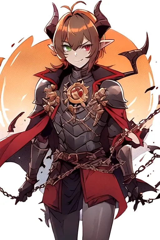 best quality, masterpiece, solo, solo guy male tiefling, bright golden brown
hair, golden brown color hair, curled horns devil, hell armor, holding battleaxe, chrome shiny battleaxe, androgynous haircut, imp demon , dark paladin, chain main shirt, battle axe wielder, warrior, warrior of hell, demon tiefling, hell red power, curled horns, illrigger, armored, 1 male tiefling only, demon, flat chest, posh , leather armor, well groomed, elf ears , jackal imp creature , horns, armored jacket, solo, sharp jagged tail, humanoid, heterochromia, green eye, red eye, determined look in eyes, masterpiece, colorful shirt, short length hairstyle single strand of hair curls on top of head, antenna hairstyle imp demon, ,cute look in eyes, imp demon ,red horns, heterochromia, masterpiece anime style