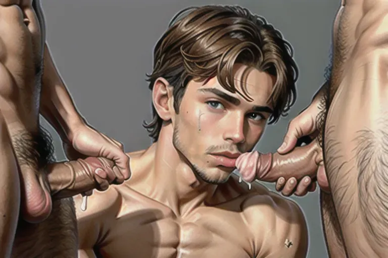 (20 yo) fully nude romeo Beckham on his knees jerking his own dick and cumming, covered in cum after a blobang, face full of cum, surrounded by 5 huge accurate penises, photorealistic, top quality image, lifelike, highly detailed accurate close up on face, cum on nose, cum on chin, cum dripping from mouth, cum on tongue, cum on face, cum in eyes, cum leaking from cocks