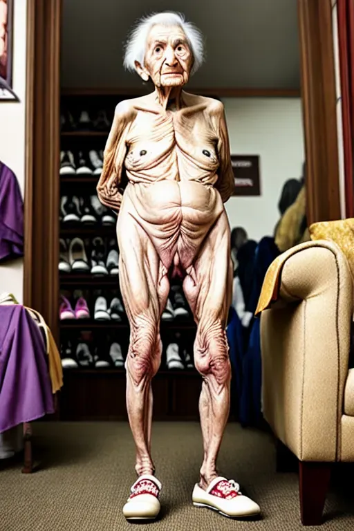 (great grandmother),(85 years old),(naked),(saggy wrinkled skin),(brunet hair),(slutty),(shoe store),(very surprised expression)(bottomless nude)