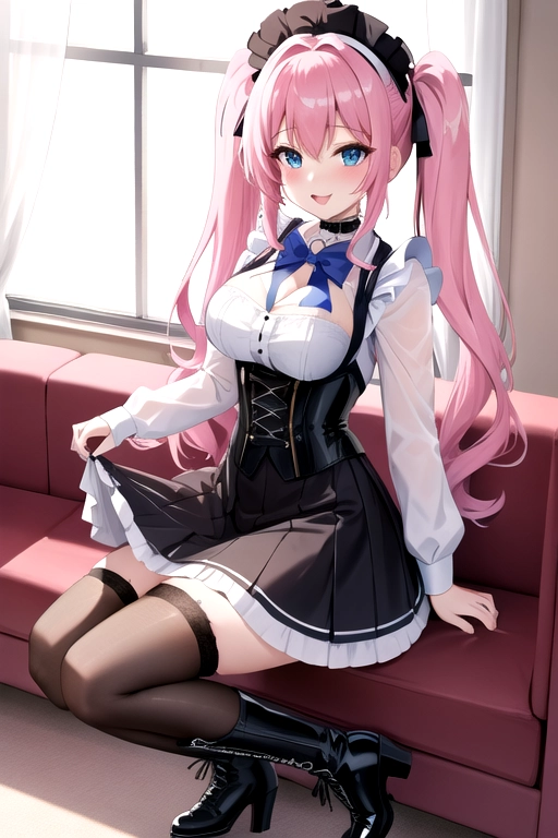 long hair, pale skin, pink hair, blue eyes, black choker, giant H-cup breasts, wavy hair, white maid uniform, smiling, full body photo, 28 years old, miniskirt, cleavage, high heels, corset, 8k quality, boots, in living room, pigtails