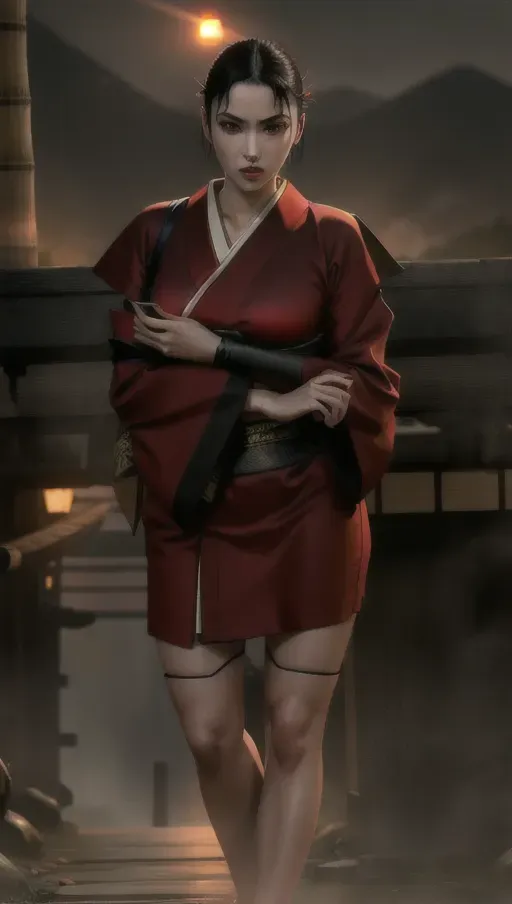 1girl, full body , detailed face, beautiful, attractive, sexy, flawless, shapely, sensual, fatal, lethal, deadly, hurt, bruised, feudal japan, japanese , seductive, surprised, startled, stunned, attacked, ambushed, assaulted, frightened, terrified, alarmed, scared, spooked, panicked, fearful, terrorised, moody lighting, night, short hair, dark hair, black hair, almond shaped eyes, eyes open, eyes wide, eyes wide open, thin lips, solo , masterpiece, ultra high res, professional, photo referenced, 23 years old, young adult, slim, pale skin, kimono, dark red kimono, saliva, saliva dripping, summer, thin clothing, sweat, sweaty skin, shiny skin, purple eyeliner, small breasts, pain, head tilt, bending, bent, 1 character, bags under eyes, foot, feet, foot side, toe, toes, fully clothed, long legs, tall, bamboo forest, cosplay, fishnet, mini skirt, thong, traditional, ninja, kunoichi, tight, kimono, covered chest, covered breasts, long top, small breasts, cotton,