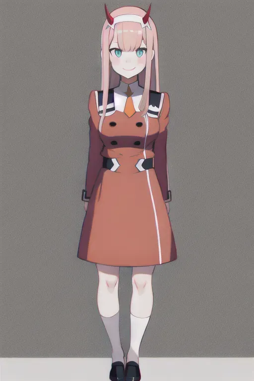 zero two (darling in the franxx), darling in the franxx, 1girl, aqua eyes, arms behind back, bangs, blunt bangs, breasts, closed mouth, cowboy shot, hairband, horns, leaning forward, long hair, looking at viewer, medium breasts, military, military uniform, necktie, oni horns, orange necktie, pink hair, red horns, smile, solo, standing, straight-on, uniform, white background, white hairband, <lora:dpmg_zerotwo:1>, futanari, feet visible, feet in picture