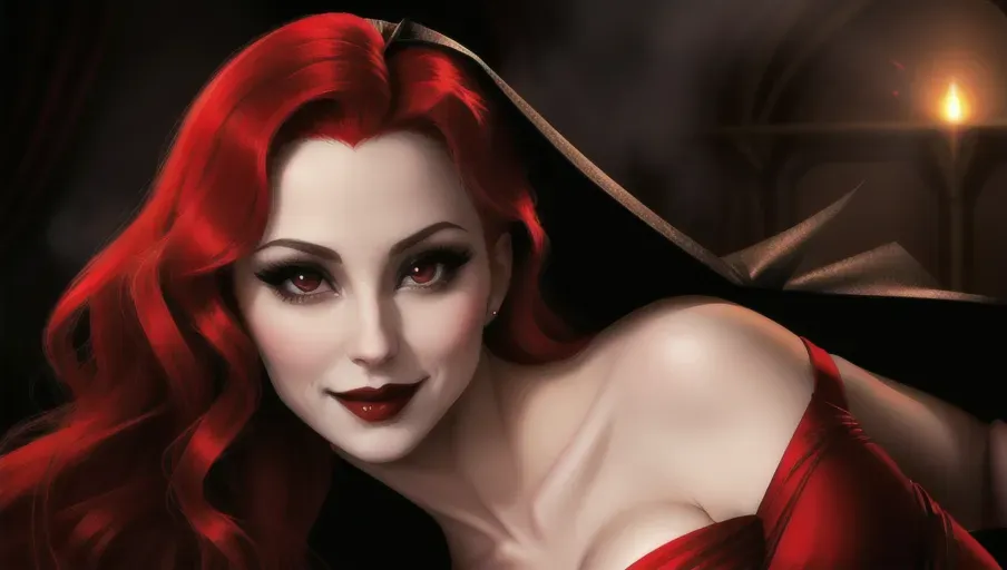 medium shot of the sexy vampire vixens of Dracula hungerly at an erotic party with their redheaded hypnotized victim. Drinking, dancing, kissing, seducing their hypnotized victim, placing upon her head a shadowy veil. on a foggy moonlit night in the shadowy ballroom of a decerped old castle. Beautiful redhead still human victim early mid-thirties moderate breasts good sweet innocent, big soft round eyes, warm smile Anna of Arendelle in an elegant Nordic ballgown.
photorealistic. High resolution