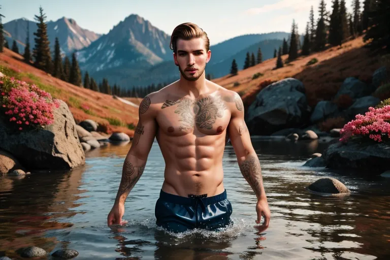 Mario testino image shot with a dslr high resolution lens, A photorealistic image of a 30-something male with dirty blonde hair, high tight faded haircut, messy on the top hair slicked back from the water, piercing blue eyes, and a lean, scrawny physique (six feet 3 inches tall, 140 lbs). His torso, arms, and neck are covered with a variety of intricate tattoos in a style reminiscent of David Beckham and Travis Barker. (From hip to Chin his skin color is barely visible, skin covered with ink and tattoos), He has high cheekbones, sunkissed skin with a few faint freckles starting to show, and supple, rosy peony pink lips. He is emerging from the water on a misty mountain morning in the fall. The water droplets glisten on his skin and hair. His legs are highly detailed and textured, resembling those of a tennis player, with visible muscle definition and subtle veins. They have natural textured hair that is intricately detailed and super realistic. Otherwise a natural amount of male body hair. Sparse chest hair, light arm hair, visible detailed defined Happy trail. Perfect soft cock (Thick, plump, flaccid, above average length perfectly detailed and accurate male circumcised cock) dripping water droplets from the tip. Average sized testicles with sparse hair, neatly groomed pubic hair. The background features a breathtaking vista of a valley nestled within the Rocky Mountains, with the slopes ablaze in vibrant autumnal hues. The overall color palette is cool and muted, with a hazy filter adding a sense of depth and atmosphere. The image is captured with a wide-angle lens, emphasizing the vastness of the landscape, and rendered with meticulous attention to detail, including realistic textures, shadows, and lighting. The final image should resemble a high-resolution photograph taken by a professional landscape photographer. Aim for balanced and realistic lighting. The image would pass for a photograph taken by a real person of a real person. He is walking out of the water towards the camera, only his knees and below are submerged in water. Very thin tall. Scrawny build like a yoga teacher, vegetarian,