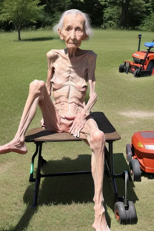 (great grandmother),(90 years old),(naked),(wrinkled skin),(anorexic),(very skinny), sitting at picnic table, spreading legs, showing pussy , (tan lines), lawn mower, yard