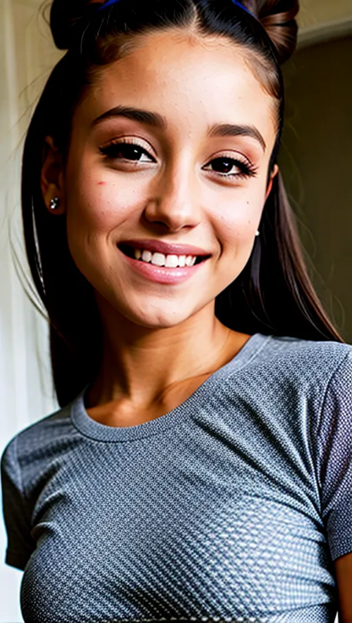 a 8k high resolution ultra realistic photo of 18 year old,smiling ariana grande,((((looking straight into the camera)))),((((Lacey tee)))),revealing nipples, masturbating,(((detailed female anatomical features))),curved eyelids,beautiful lips,textured skin,(messy bun hairstyle) ((((high poney))), inocente