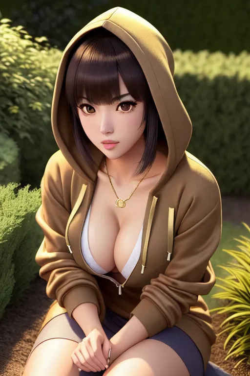 a color pencil draw of,alice nakiri,wearing hoodie,kneeing,in the garden,amazing breasts,five fingers per hand,bangs hairstyle,gorgeous face,beautiful lips,brown eyes,curved eyebrows,curved eyelid,romantic,wearing golden ring,highly detailed,cinematic lighting,cgsociety,smooth,sharp focus
