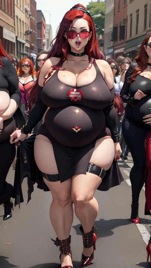 Dark red hair, sexy glasses,Sexy women ,big boobs,pregnant gigantic belly,fat belly and fat boobs,weight gain, gigantic fat belly,fat belly ,huge pumped up belly, black mini skirt, black high heels boots,sex,nude boobs, <lora:dpmg_pov_Big_fat_belly:1> ,women eat women, ((( women vore ))),((((vore belly)))),(((women vs women vore))),(((women prey vore belly)))