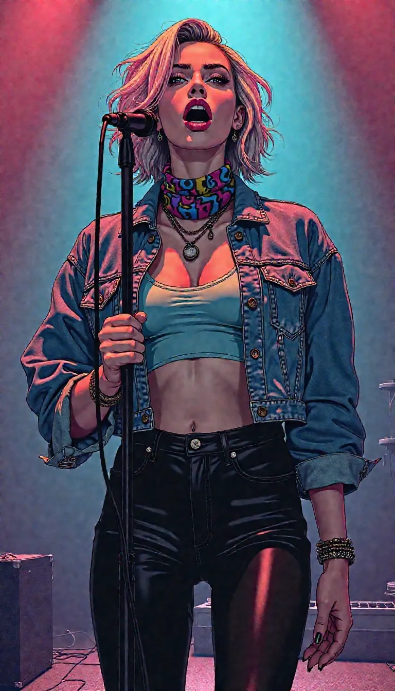Debbie Salt, full-body portrait, pastel-glazed heartbreak, popstar with knife-lined mascara, soft-voiced threat, glitter in the blood, bruised neon stare, spotlight survivor, chart-topping damage, saccharine defiance, fragile gloss layered over control,
hand-drawn graphic novel style, bold ink contour lines with halftone shading, smudged stage lighting on a solitary figure, teased layered hair with pastel-dyed tips and streaked crown volume, flushed cheeks over clenched jaw, glossed lips wide open in a mid-scream expression, eyeliner like daggers, heavy shadow under mascara-streaked eyes, mouth inked with visible emotion, visible tension in the neck and hands,
tattered cropped denim jacket with frayed edges, colorful mismatched buttons like fan confessions, fitted tie-dye wifebeater tank top inked with emotional strain, full-length opaque black tights, oversized scarf wrapped at the hips like a skirt, tiny ornate bracelets stacked unevenly on each wrist, chipped black nail polish on tense fingers wrapped around a microphone, wide stance caught between collapse and defiance, posture fully engaged in vocal release, body language howling with heartbreak,
concert stage under pastel spotlight haze, background lost in darkness, mic cable curled like regret across the floor, speaker stacks looming like silent witnesses, crowd invisible beyond the lights, spotlight beams cutting through shimmer fog, floor littered with glitter, vinyl, and sweat, drama framed like a graphic novel cover, her shadow cast long and shaking behind her,
she’s screaming like the song betrayed her first, voice cracking with history she never got to rewrite, every note is a wound she refuses to bandage, mascara running like a lyric she couldn't finish, you can hear her heartbreak in the ink of her outline, this isn’t a performance — it’s a reckoning
popstar noir rendered in halftone anguish, pastel grief lit up on stage, heartbreak drawn loud enough to echo