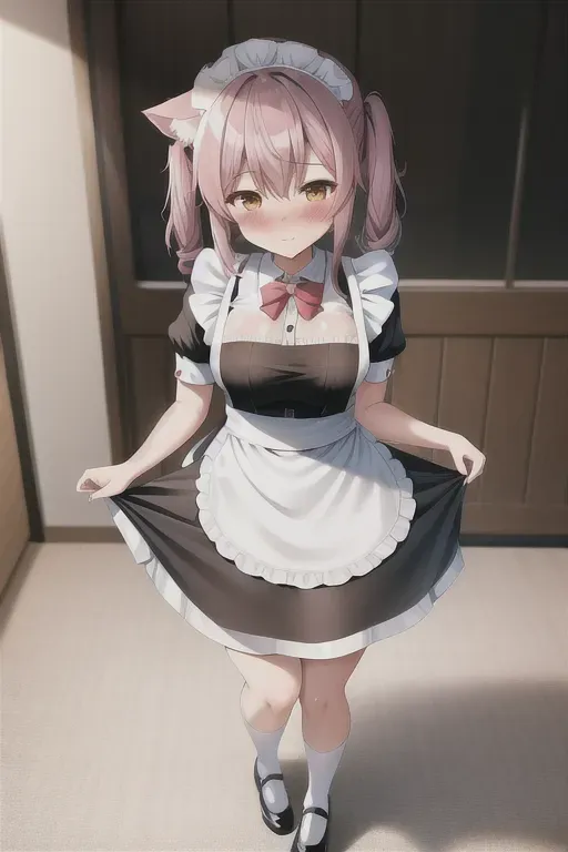 SUPER sexy neko maid, blushing, full body, VERY short skirt, pulling skirt up, full body