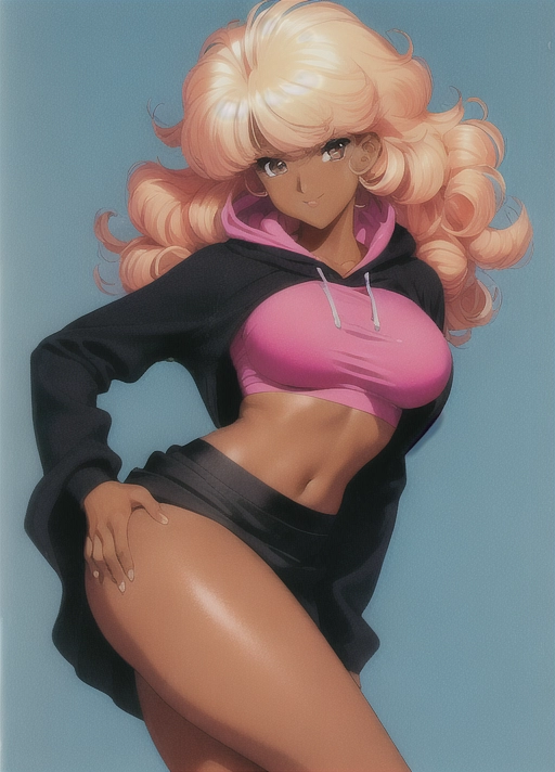(((90s anime art style))),(masterpiece), absurdres, smooth, soft lines, soft edges, perfect edges, (soft lighting), (soft glow), perfect anatomy, detailed background, hair with great details, perfect eyes, perfect face, (looking at viewer),
lip gloss, smiling, ((flushed cheeks)), erotic, sensual,((office background)), hand on hip
((Short curly black bowl cut)), ((puffy hair)), thick thighs, wide hips, small breasts, ((dark skin)), ((extremely dark skin color)), tall slim athletic build, athletic, hoodie, long skirt, lace leggings,