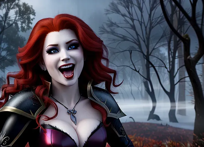 Sexy beautiful vampire adult auburn-haired Queen Anna of Arendelle rising from her mist enshrouded crypt on Halloween. Her red eyes aglow with unholy thirst as she bares her fangs with an alluring smile tainted with hunger. photorealistic. High resolution.