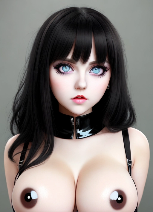 Cute girl, simple grunge makeup, pale colored eyes, big wide eyes, black hair, big lips, high riding huge boobs, gigantic tits, full bra, photorealistic, best quality, ultra high resolution