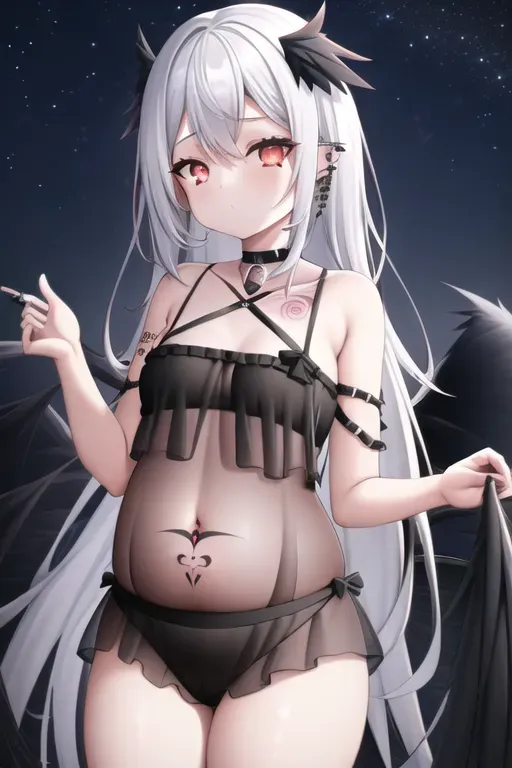 1girl,high quality,night sky,thin waist,plump thighs,small breast,tired,black long hair,night gown,pale,black horns,wings,silver,piercing,front view,side laying,tattoo