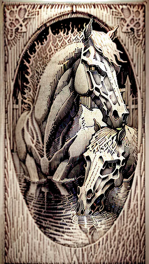 (Etching:1.5) vintage line etching style, mythical kelpie water horse, an optical illusion of a skull which is actually a horse in water. Irish art, Scottish art, Kelpie:1.2