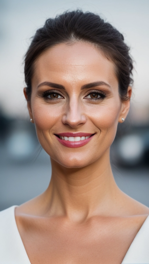 Paris, 28, French, sophisticated, clear evening, oval head, almond eyes, straight nose, full lips, messy bun, dark brown, playful smirk, white straight teeth, (high resolution photo), DSLR Canon EOS 5D Mark IV, aperture priority mode f2.8, ISO 100, 1-60 sec, low angle, facial close up