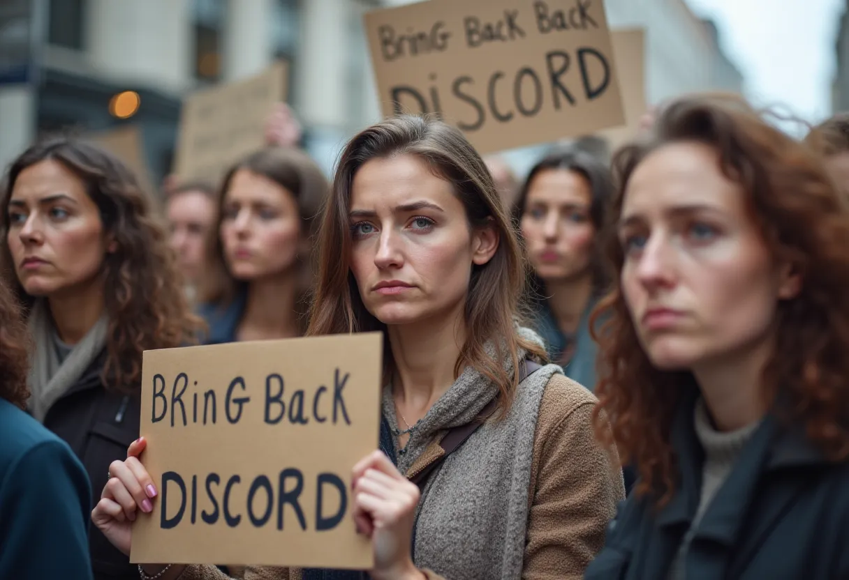 Protest rally, group of attractive women with upset expression, frowning, holding signs which read, Bring back Discord
