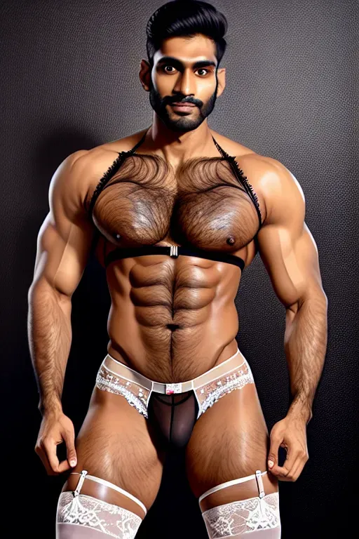 Skinny Indian man, pretty face, chiseled jaw,pecs, flat chest, thin waist, hairy legs, abs, athletic, pube hair, leg hair, lace suspender belt, white nylon stockings, black lace lingerie, standing