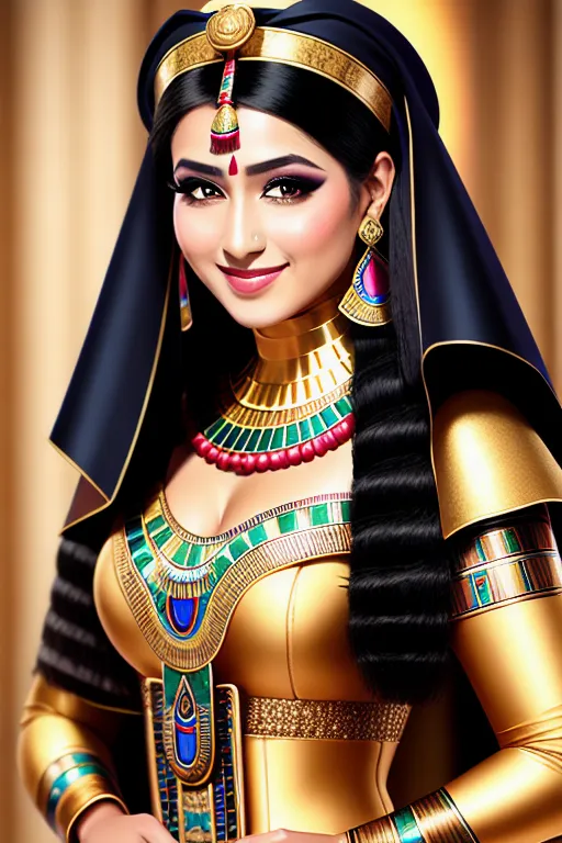 highly detailed image, egyptian princess, makeup, subtle smile, long silky dress, hand on hip