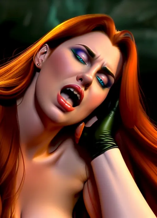 low angle hypnotized sweet Beautiful youthful entranced auburn haired Queen Anna of Arendelle sharing a dark embrace and passionate kiss of the stoic and debonair Van Dyke goatee raven haired Dracula his fangs bared as she pulls her hair to one side arching her neck preparing to receive his vampiric bite, in the the very dark cramped spooky cobwebbed halls of a haunted house photorealistic.