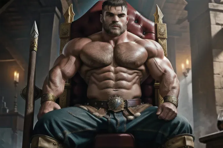 masterpiece quality, photorealistic, lean ripped buzzed hair barbarian Jamie Dornan, male focus, dominant, imposing, his huge hard penis out, sitting on a throne, HDR 8K