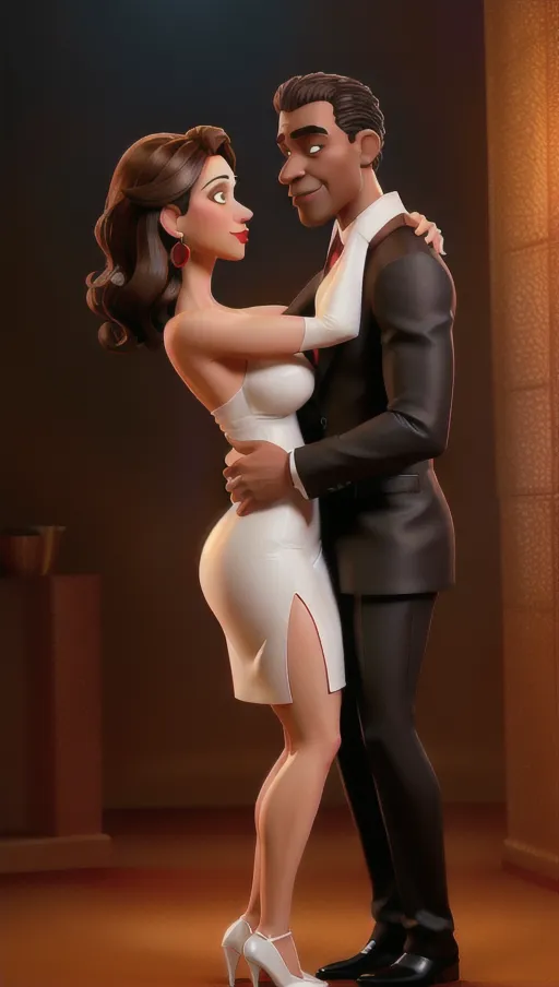 Night time, dim lighting, Side view, full body,very dark bald black man and a sexy very white middle aged woman dancing together closely, very dark black man in nice suit and light skinned white Milf woman in a sexy slutty red dress dancing together,arms around each other, mans hands on white womans ass, sexy red dress with slit, proportional bodies , Sexy middle aged white woman, dark brown hair, big tits, perfect nipples showing, eyes closed, lips puckered for kiss, sexy facial expression, horny milf, ready to kiss, wearing sexy red dress, slutty, red lipstick, small hoop earrings