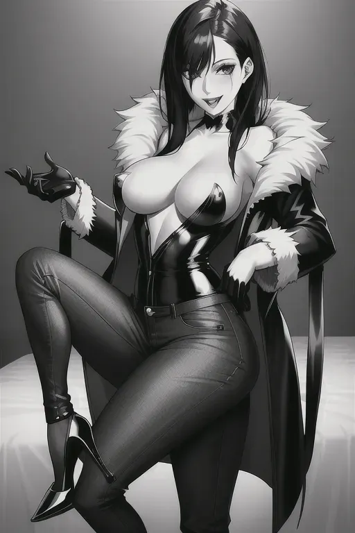 A realistic art, pale skin girl, animal fur black open overcoat, topless, nipples, jeans pants, standing on sexy pose, medium black hair, laughing, on the bedroom, high heels, detailed beautiful face