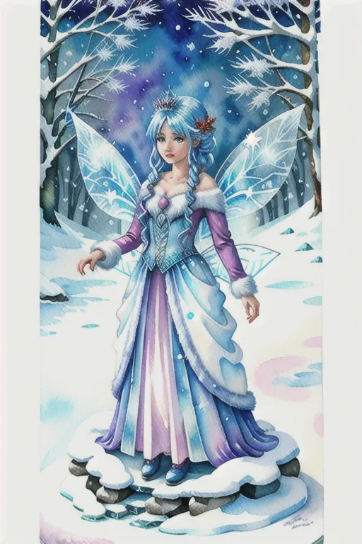 ice fairy queen, magical winter scene, watercolor illustration