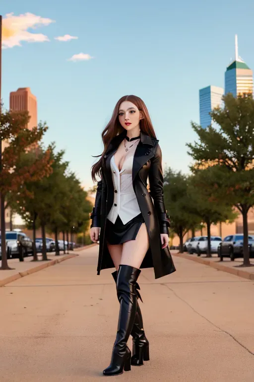 full body, chestnut hair, green eyes, short girl, black miniskirt, black high heel boots, red trench coat, looking at viewer, long hair, pale skin, black necklace, black blouse, 24 years old, giant breasts, cute face, pov, wavy hair, city environment, Oklahoma City