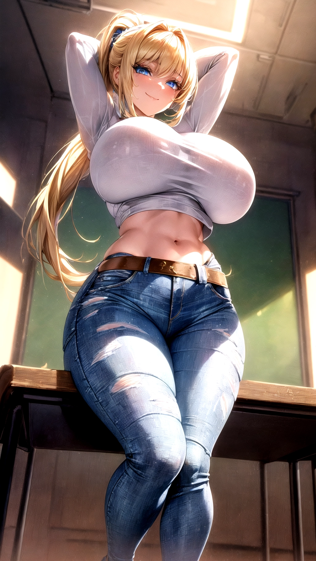 Beautiful, masterpiece, hyper detailed, high quality, (64K resolution), (HDR), (UHD), cinematic lighting, ((classroom background)), (1girl), solo, female focused, extreme face details, ray tracing, full body picture,
A beautiful (Teacher) wearing a tight ((crop top)) and ((tight jeans)), huge boobs, (hair in a short ponytail), belt, athletic body, smug, very smug face, smug smile, (((translucent clothes))), ((thin clothing)), ((Very thick thighs)), (((absolutely massive breasts))), skinny waist, (long eyelashes), ((wide hips)), gold blonde hair, ((bright blue eyes)), ((((hyper detailed eyes))))<lora:dpmg_add_detail:1>