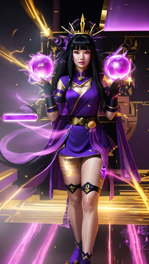Full body portrait of a purple-clad chinese sorceress with long black hair, casting magical bright shining electricity balls in each hand, thick chinese eyeliner, wearing a pointy golden tiara in the style of Lady Libertys tiara, black rope belt, knee-high black tights, spears on her back, atmospheric, ponytail, looking seductively at viewer, symmetrical face, powerful, purple writing all over her right thigh,