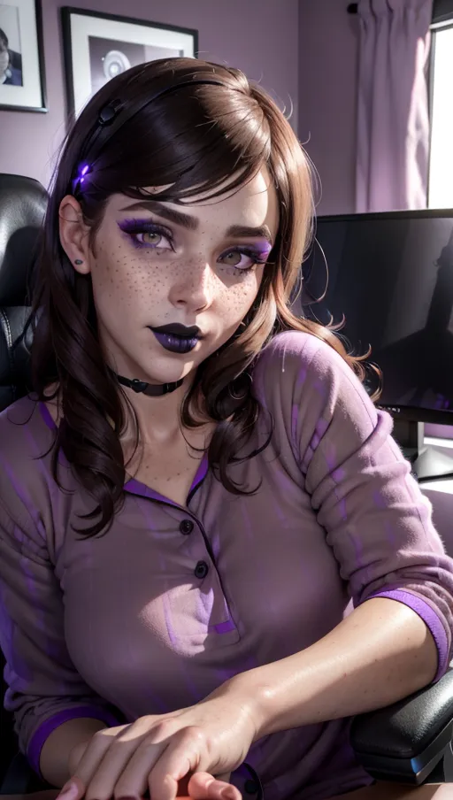 photorealistic, 8k, accurate face, detailed face, (((replicate inspiration face))), freckles, (black lipstick), brown hair,
wearing, fuzzy pyjamas, sat in gaming chair,
location is bedroom with purple walls, gaming desk,
