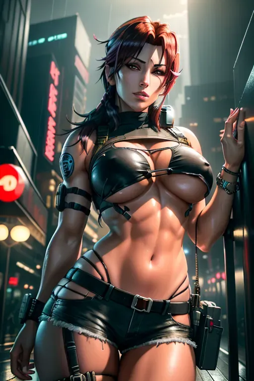 ((ultra realisiert digitale Art of Revy from Black Lagoon)), (((<lora:dpmg_upshirt:1>))), intricate, very very beautiful, elegant, underboob, upshirt, upshorts, short Shirt, short shorts, covered nipples, see-through, wet, medium breasts, (photo-realistic:1.37), ultra detailed, ultra detailed skin, in heavy raining futuristic Tokyo city cyberpunk night, light sky blue eyes, highly detailed, hyperornate details, atmospheric, volumetric lighting , cinematic, octane render, unreal engine, hyperrealistic, photorealistic, photo realism, modelshoot style, depth of field, professional photography, professional DSLR camera, cyberpunk colors, neon lights, high contrast, absurdres, Raytracing, reflective, UHD, HDH, HDRi, 8k, 16k, 32k