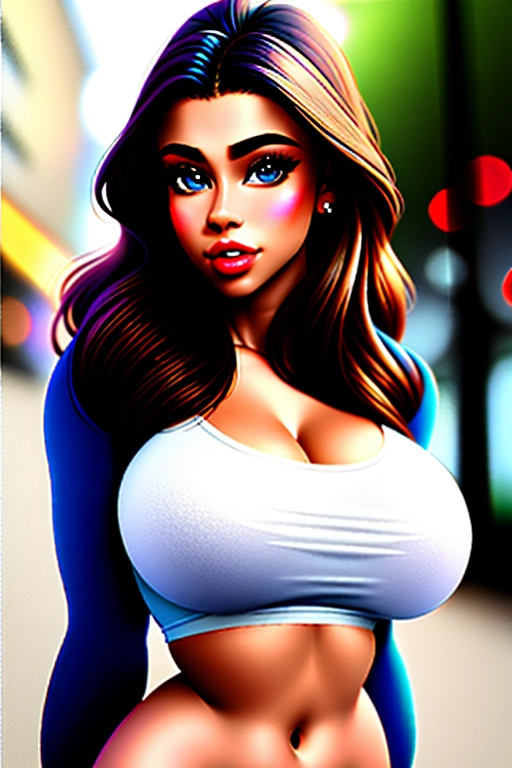 A highly detailed digital portrait of a lovely, beautiful young 22 year old, biracial half Indian and half black woman with captivating blue eyes, long flowing wavy dark hair, perfectly formed hands, soft skin and a stylish modern look. She is dressed like a glamorous actress and Instagram model, exuding both elegance and charm. her sheer open top is very tight and small emphasising her perfectly formed round beautiful breast with a sassy, relaxed pose. The background is a soft, blurred urban landscape to emphasize her presence. The lighting is warm and flattering, highlighting her natural beauty and confident pose.