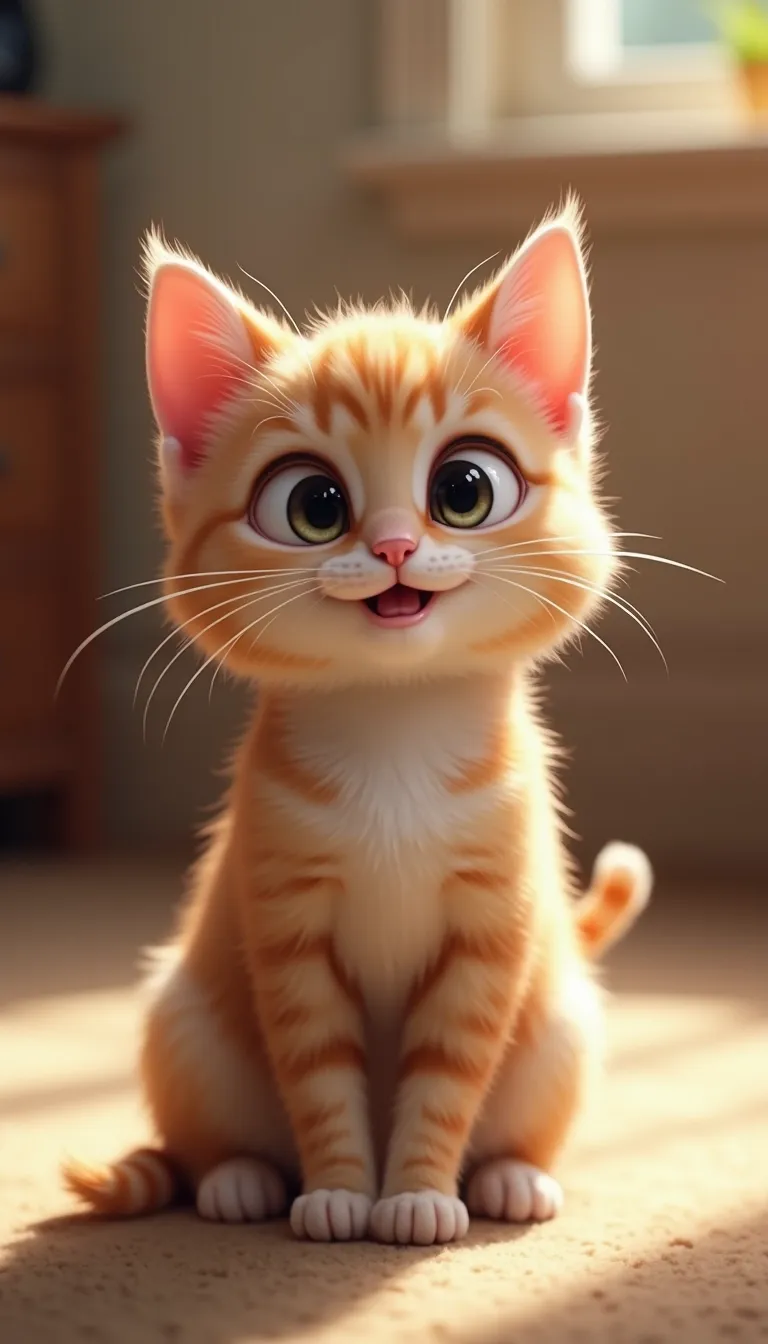A cute cat sitting gracefully, with big expressive eyes and a fluffy tail curled around its paws. The background is softly blurred, featuring a cozy indoor setting with warm lighting. The cat has a playful expression, with its ears perked up and a slight tilt to its head. The fur is detailed, showing subtle variations in color and texture. The composition follows a 9:16 aspect ratio, perfect for a portrait-oriented image, with the cat centered to draw focus. The style is realistic with a touch of whimsy, enhancing the cat's adorable features.