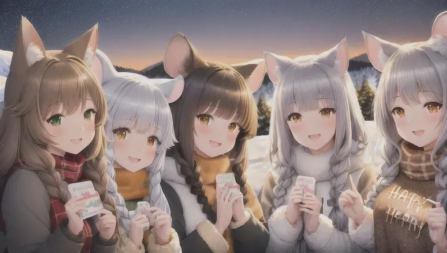 best quality, highly detailed, detailed background, 6girls, a group of 6 anime friends having a great time at night, (a wolf girl with brown hair and green eyes. the wolf girl has fluffy wolf ears and a fluffy wolf tail), (a mouse girl with long brown hair and blue eyes), (a cat girl with braided strawberry hair. the cat girl has fluffy cat ears and a fluffy tail), (a wolf girl with braided short silver hair and gray eyes. the silver haired girl has fluffy wolf ears and a fluffy tail), (a country fox girl with orange colored hair and brown eyes. the fox girl has fluffy fox ears and a fluffy tail), all the girls are wearing winter outfits, wholesome, cute, visible breath, cold outside, detailed faces, rosy cheeks, different faces for each girl, snowy pine trees and a lodge in the background, fireworks, holiday, HDR, happy magical feeling, studio lighting, detailed hands, professional, unreal engine, silly group photo, a girl is smiling with eyes closed, a girl winking, a girl blowing a kiss, a girl is shy, a girl holding up two fingers, ((a girl is holding a sign. the sign says Happy 2024 (Happy new year))),