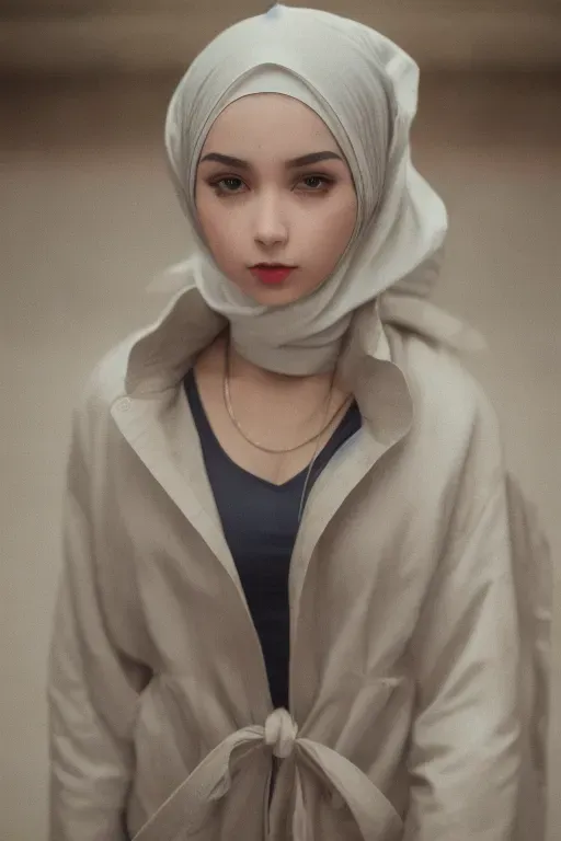 Create a real-life photo of a teenage girl that showcases her exquisite and ethereal beauty, The photo should showcase a full-body shot with slutty appearance wearing a sexy hijab outfit, The use of Lens Glow should add depth to the image, The photo should be balanced and symmetrical with a carefully focus on her chest, her hauntingly beautiful Flawless skin tone should Perfectly lit with natural light, Expertly styled hair and makeup, Captivating and confident pose, Her hyper-detailed face should have striking and captivating features including high detailed eyes, beautiful lips, curved eyebrows, curved eyelids, slender nose, and soulful gaze with mesmerizing brown eyes, and her captivating gaze should be looking down at the viewer while Her enigmatic smile should showcase perfectly sculpted full lips, Her dark short hair should be styled in an updo that showcases her beautiful nape, with a perfectly sculpted lips and chiseled features that complement her cute and poppy demeanor with Intricate details and Perfectly proportioned natural make-up,