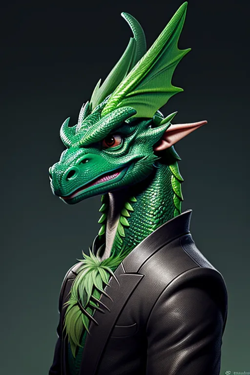 A male wingless anthropomorphic green dragon, medium snout, two bright green cocks, vertical black stripe down the middle of body.